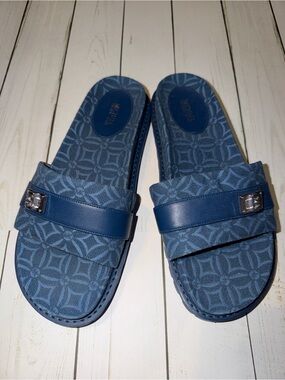 Michael Kors PADMA Navy Blue Patterned Slide Sandals with Buckle- BRAND NEW
